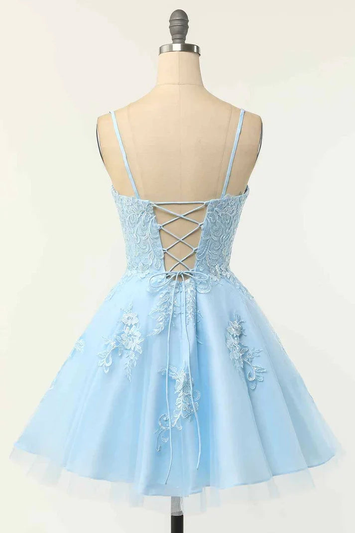 OKBBN elegant A-line thin shoulder strap with lace up back decal mini Homecoming Dresses