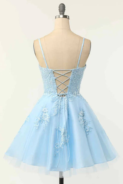 OKBBN elegant A-line thin shoulder strap with lace up back decal mini Homecoming Dresses
