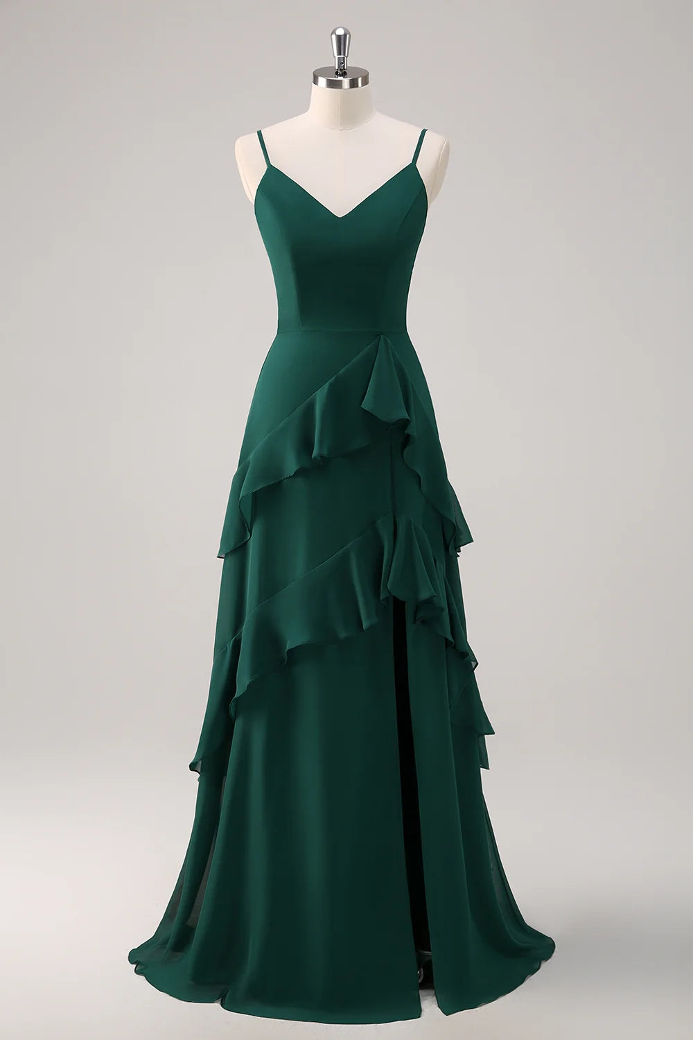 OKBBN elegant A-line thin shoulder strap with ruffled chiffon and floor slit Bridesmaid Dresses