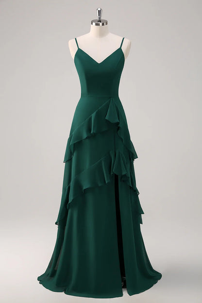OKBBN elegant A-line thin shoulder strap with ruffled chiffon and floor slit Bridesmaid Dresses