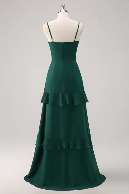 OKBBN elegant A-line thin shoulder strap with ruffled chiffon and floor slit Bridesmaid Dresses