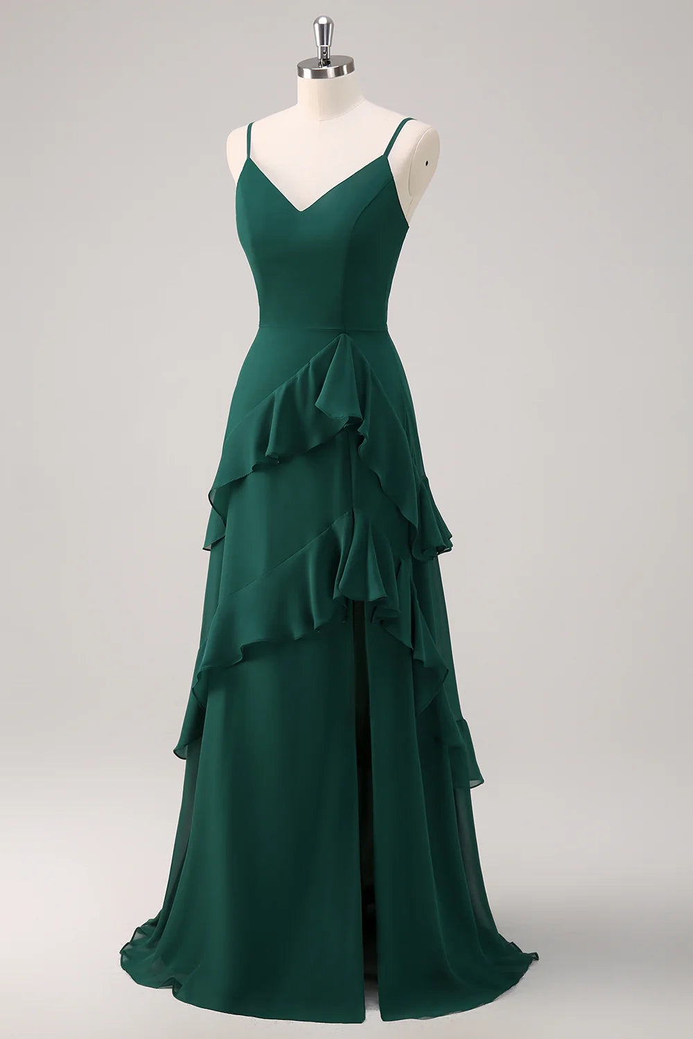 OKBBN elegant A-line thin shoulder strap with ruffled chiffon and floor slit Bridesmaid Dresses