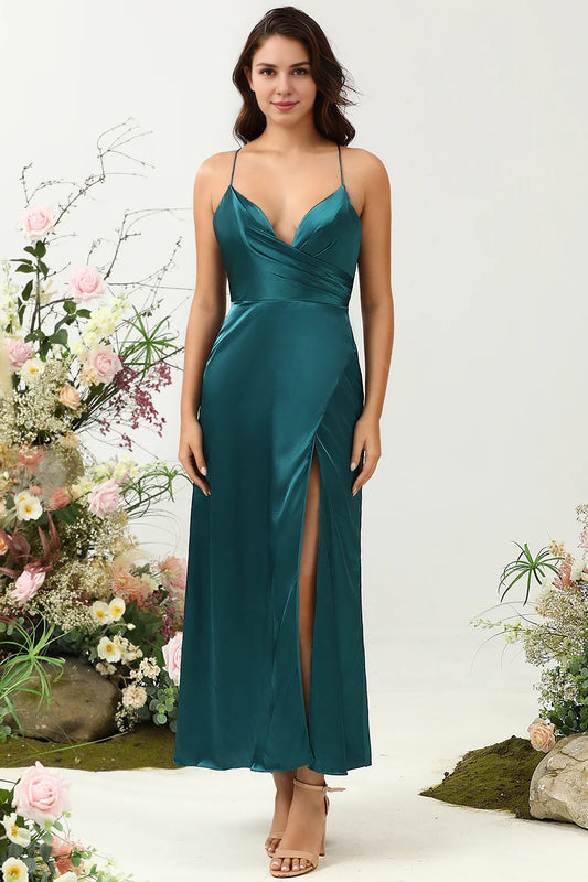 OKBBN elegant A-line thin shoulder strap with shiny satin backless Bridesmaid Dresses