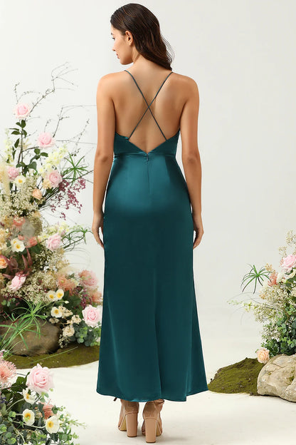 OKBBN elegant A-line thin shoulder strap with shiny satin backless Bridesmaid Dresses