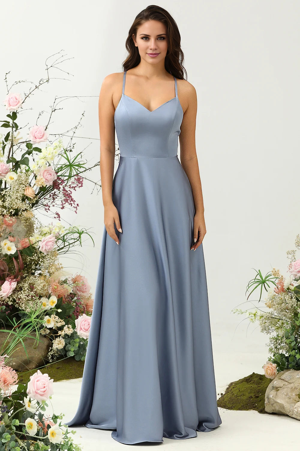 OKBBN elegant A-line thin shoulder strap with shiny satin ruffle edges Bridesmaid Dresses