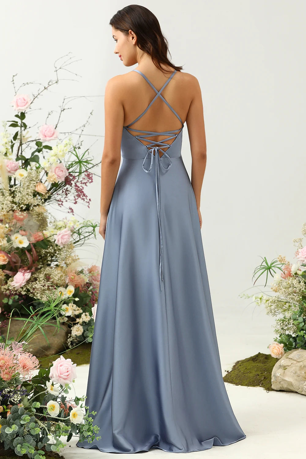 OKBBN elegant A-line thin shoulder strap with shiny satin ruffle edges Bridesmaid Dresses