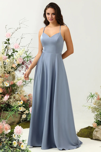 OKBBN elegant A-line thin shoulder strap with shiny satin ruffle edges Bridesmaid Dresses