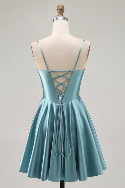 OKBBN elegant A-line waistband satin short classic silhouette Homecoming Dresses