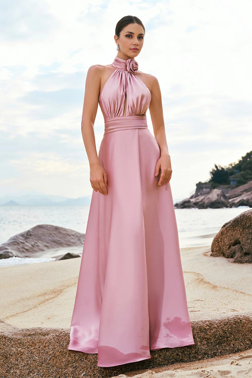 OKBBN elegant and beautiful A-line backless pleated satin long slit Bridesmaid Dresses