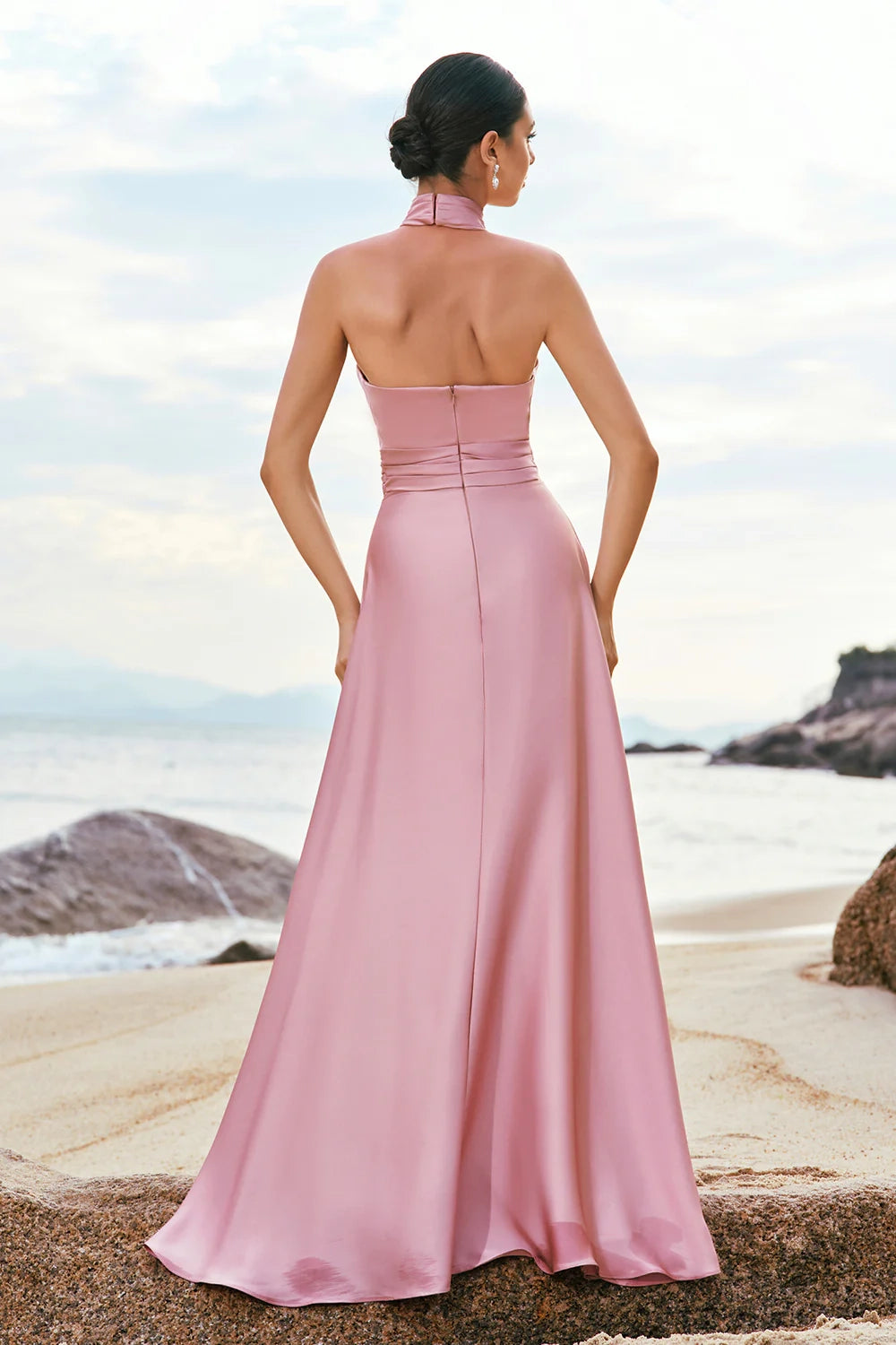OKBBN elegant and beautiful A-line backless pleated satin long slit Bridesmaid Dresses