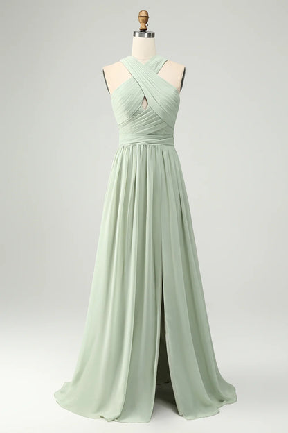 OKBBN elegant and charming A-line backless pleated long slit Bridesmaid Dresses
