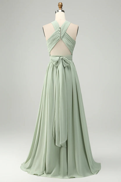OKBBN elegant and charming A-line backless pleated long slit Bridesmaid Dresses
