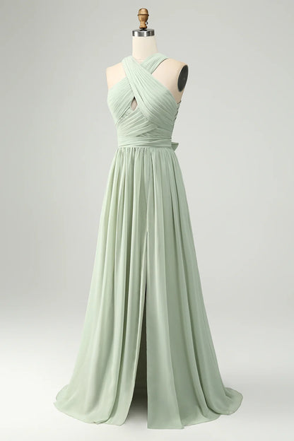 OKBBN elegant and charming A-line backless pleated long slit Bridesmaid Dresses