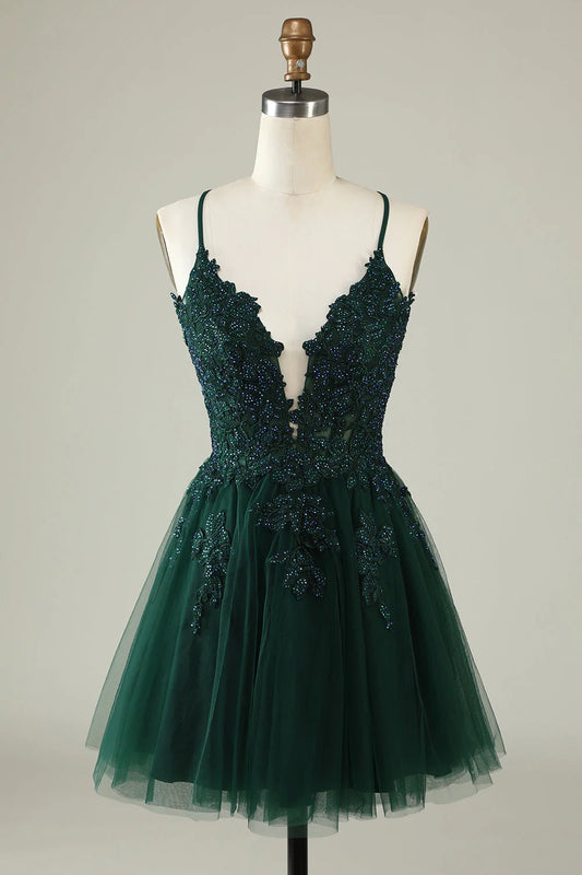 OKBBN elegant and charming A-line thin shoulder strap decal short Homecoming Dresses