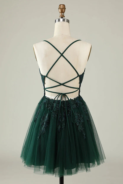 OKBBN elegant and charming A-line thin shoulder strap decal short Homecoming Dresses