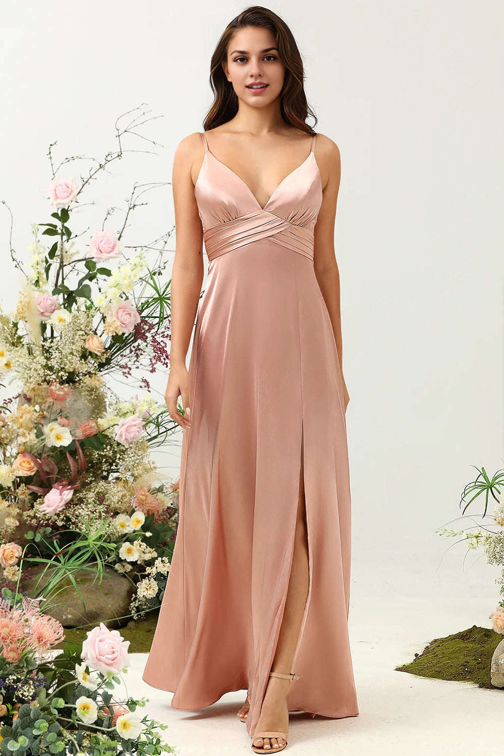 OKBBN elegant and charming A-line thin shoulder strap with shiny satin slit Bridesmaid Dresses