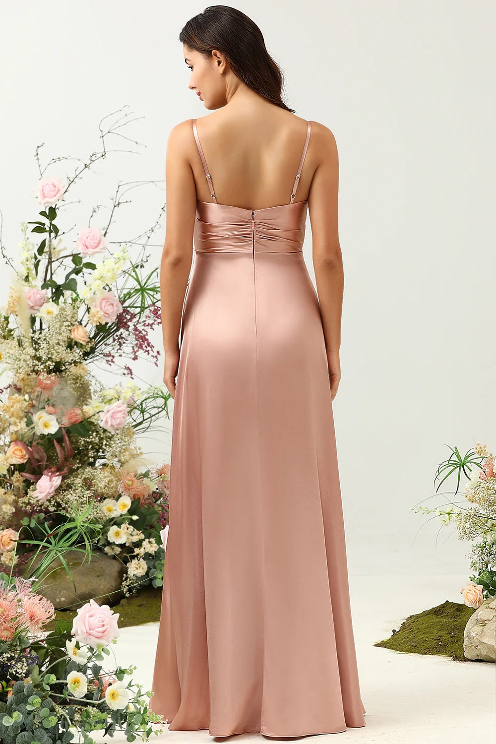 OKBBN elegant and charming A-line thin shoulder strap with shiny satin slit Bridesmaid Dresses