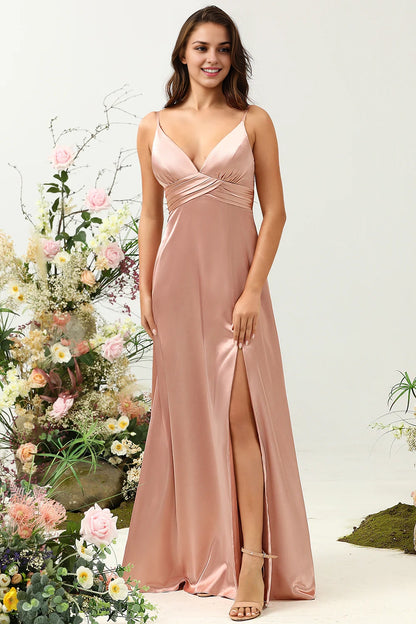 OKBBN elegant and charming A-line thin shoulder strap with shiny satin slit Bridesmaid Dresses