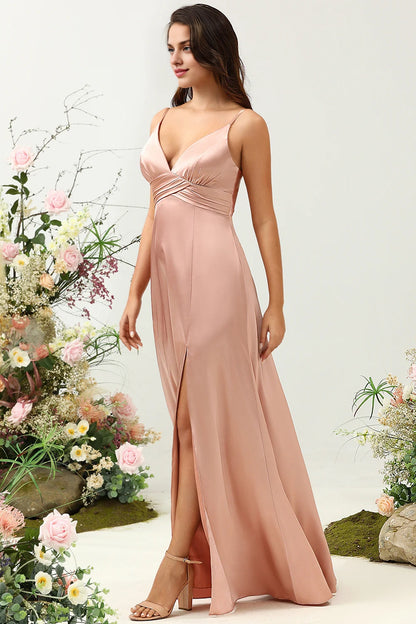 OKBBN elegant and charming A-line thin shoulder strap with shiny satin slit Bridesmaid Dresses
