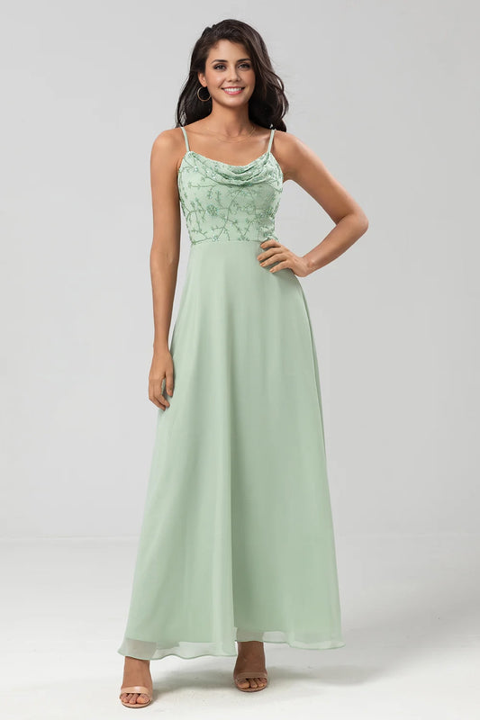 OKBBN elegant and charming decal A-line thin shoulder strap embroidered chiffon Bridesmaid Dresses