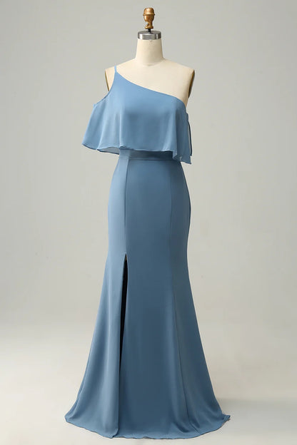 OKBBN elegant and charming flowing mermaid with one shoulder chiffon ruffles Bridesmaid Dresses
