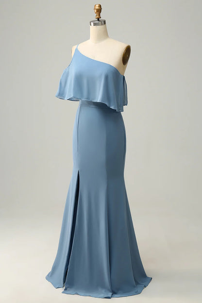 OKBBN elegant and charming flowing mermaid with one shoulder chiffon ruffles Bridesmaid Dresses