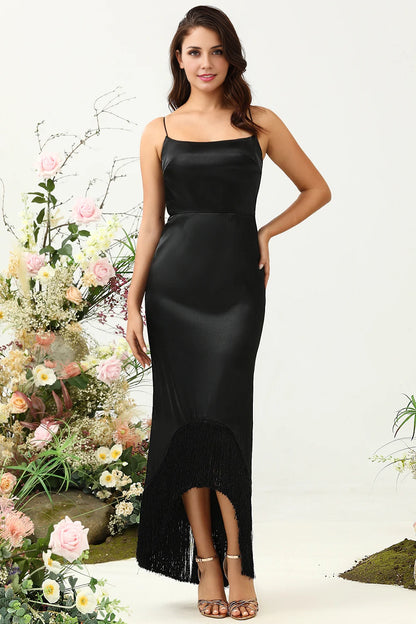 OKBBN elegant and charming mermaid thin shoulder strap satin fringe Bridesmaid Dresses