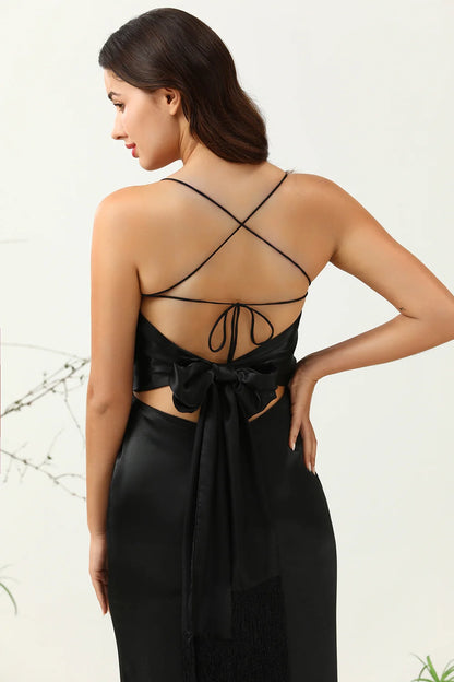 OKBBN elegant and charming mermaid thin shoulder strap satin fringe Bridesmaid Dresses