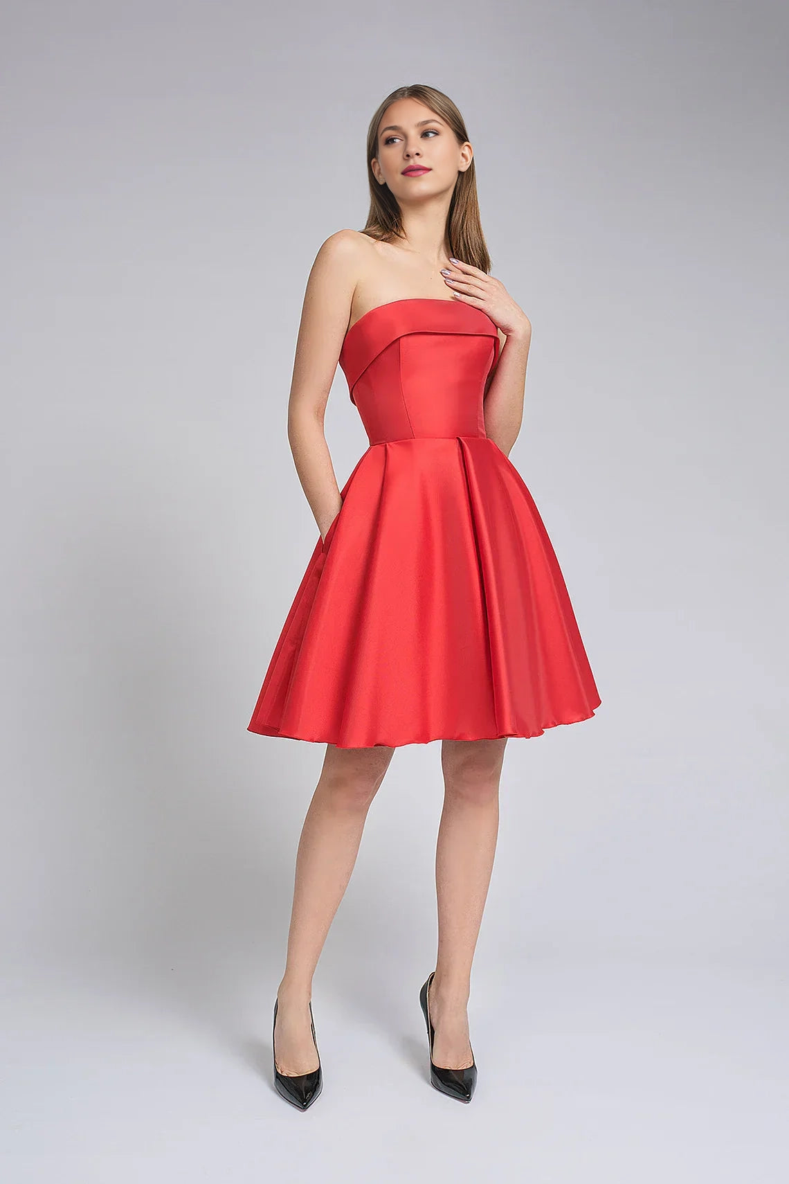 OKBBN elegant and comfortable strapless satin A-line pleated Homecoming Dresses