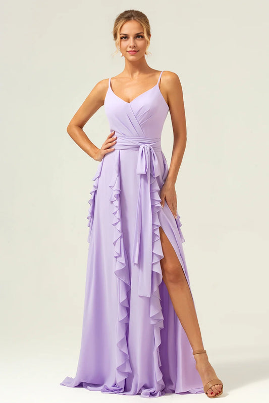 OKBBN elegant and fashionable A-line thin shoulder strap chiffon long ruffle edge slit Bridesmaid Dresses