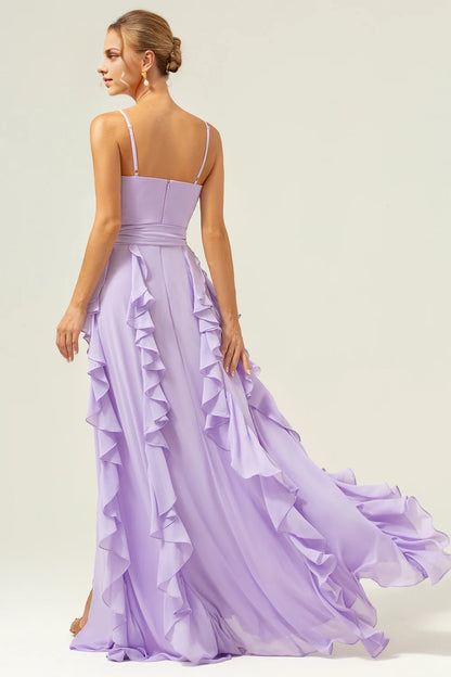 OKBBN elegant and fashionable A-line thin shoulder strap chiffon long ruffle edge slit Bridesmaid Dresses