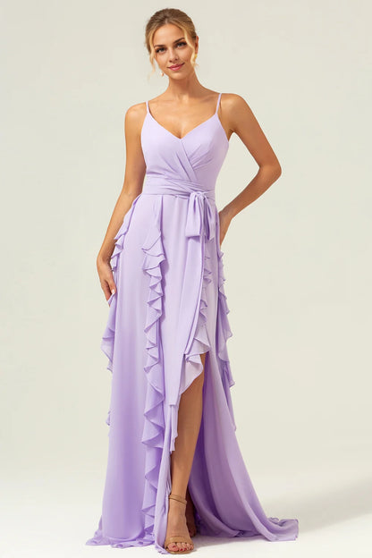 OKBBN elegant and fashionable A-line thin shoulder strap chiffon long ruffle edge slit Bridesmaid Dresses