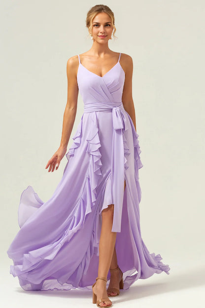 OKBBN elegant and fashionable A-line thin shoulder strap chiffon long ruffle edge slit Bridesmaid Dresses
