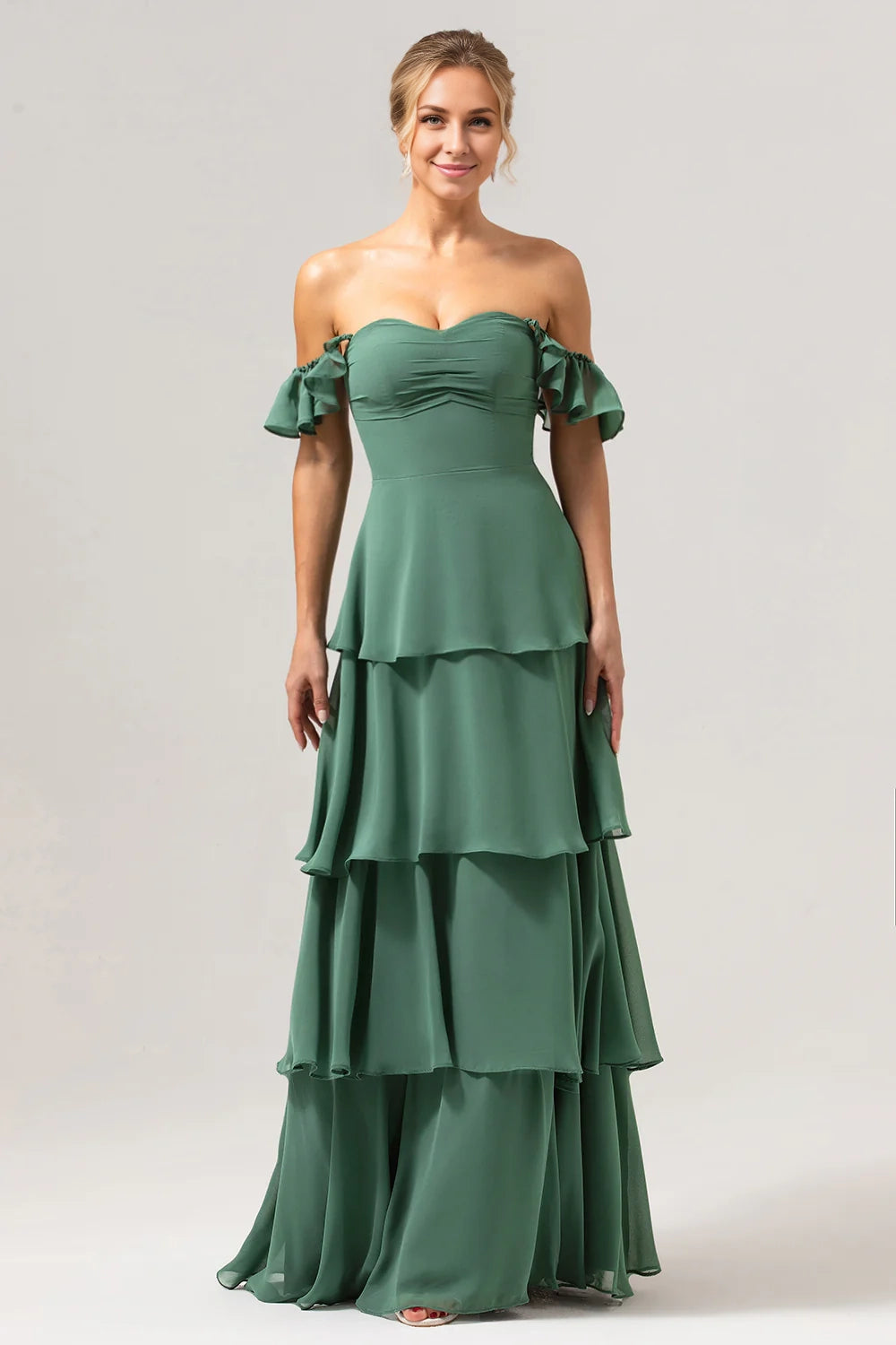 OKBBN elegant and flowing A-line off shoulder layered long Bridesmaid Dresses