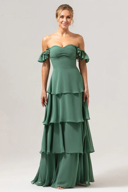 OKBBN elegant and flowing A-line off shoulder layered long Bridesmaid Dresses