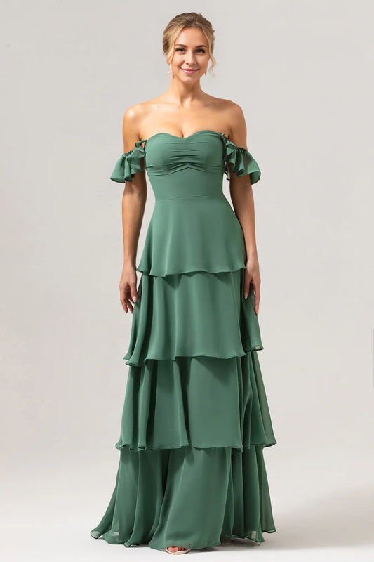 OKBBN elegant and flowing A-line off shoulder layered long Bridesmaid Dresses