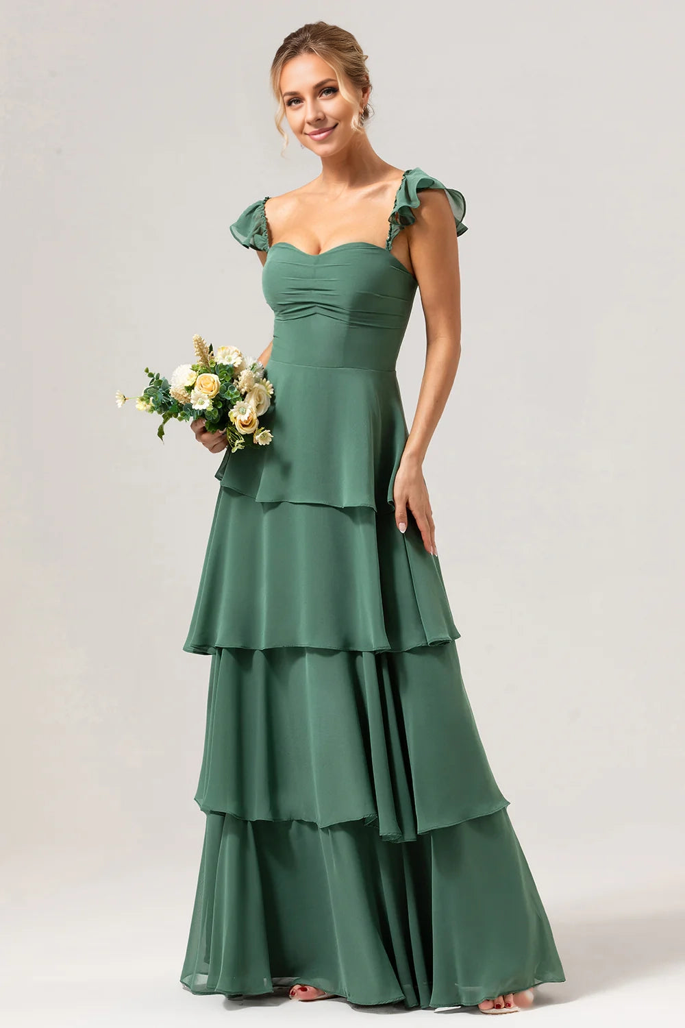 OKBBN elegant and flowing A-line off shoulder layered long Bridesmaid Dresses