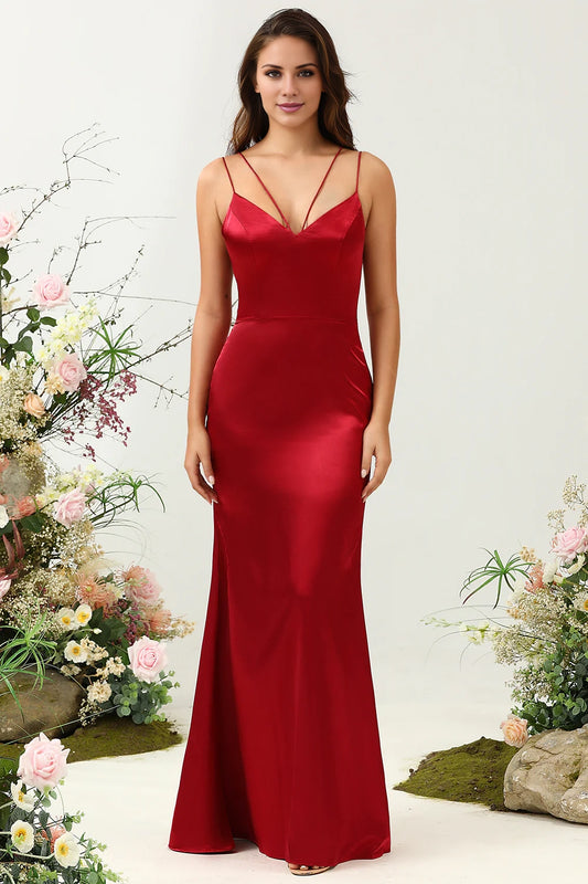 OKBBN elegant backless mermaid slim shoulder strap long satin Bridesmaid Dresses