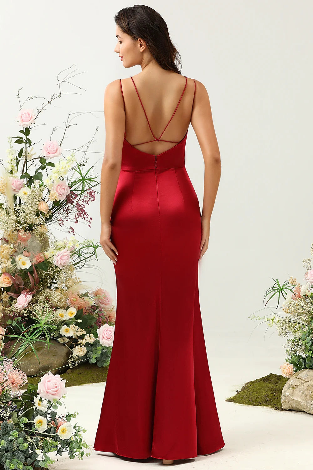 OKBBN elegant backless mermaid slim shoulder strap long satin Bridesmaid Dresses
