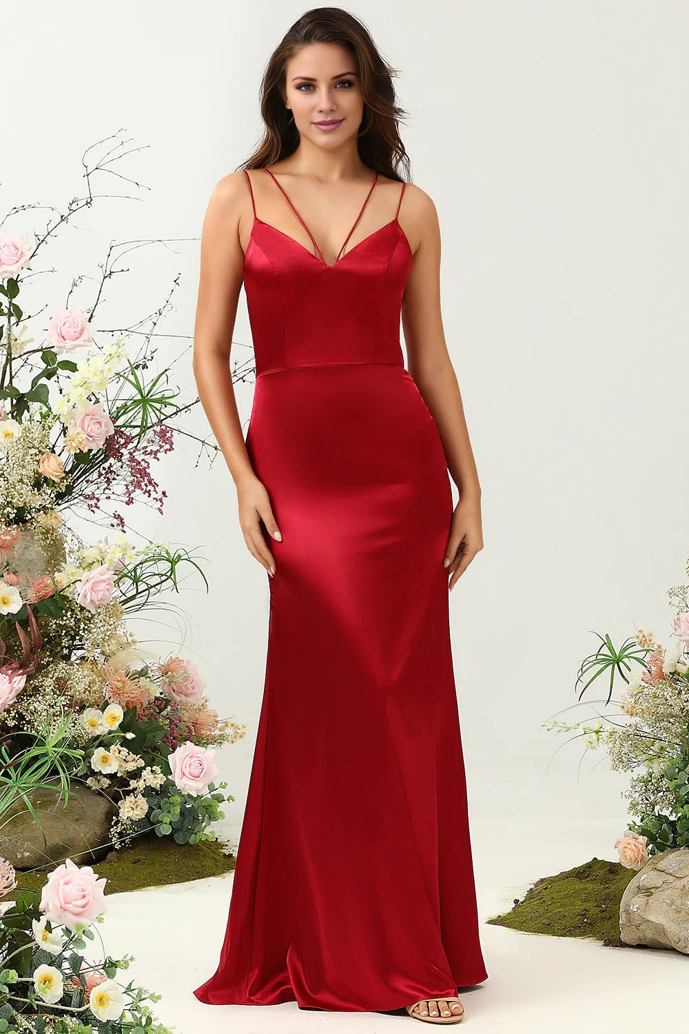 OKBBN elegant backless mermaid slim shoulder strap long satin Bridesmaid Dresses