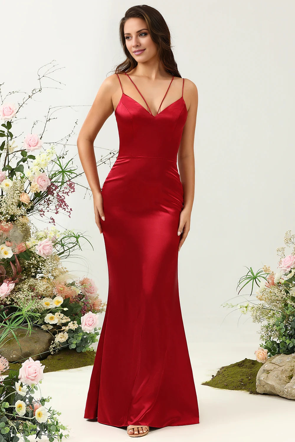 OKBBN elegant backless mermaid slim shoulder strap long satin Bridesmaid Dresses