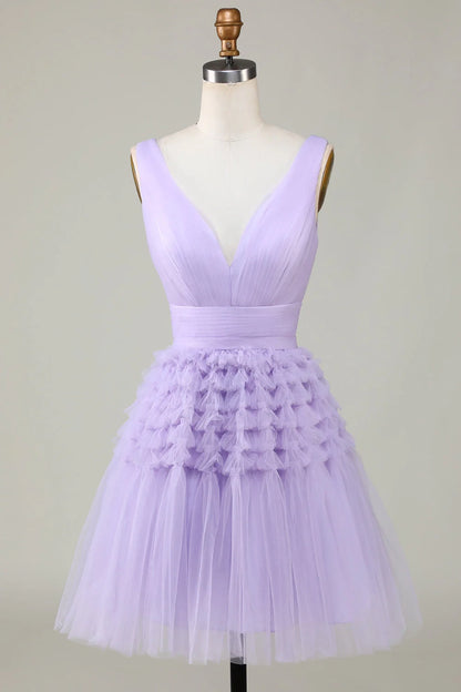 OKBBN elegant layered chiffon V-neck short sleeveless Homecoming Dresses