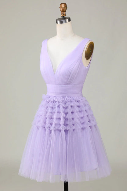 OKBBN elegant layered chiffon V-neck short sleeveless Homecoming Dresses