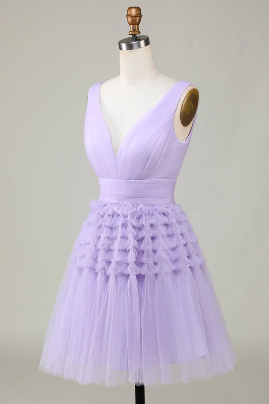OKBBN elegant layered chiffon V-neck short sleeveless Homecoming Dresses