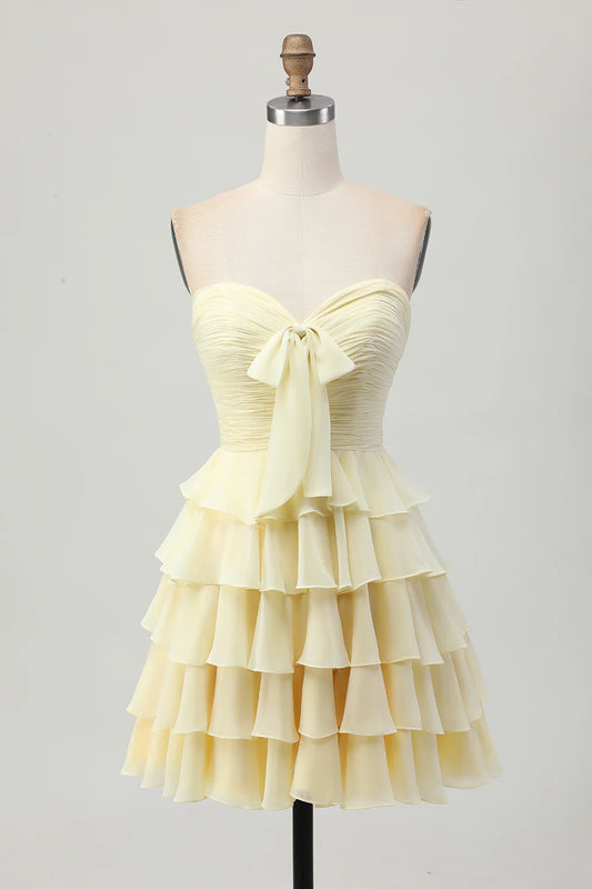 OKBBN elegant layered off shoulder pleated A-line short Homecoming Dresses