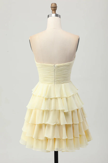 OKBBN elegant layered off shoulder pleated A-line short Homecoming Dresses