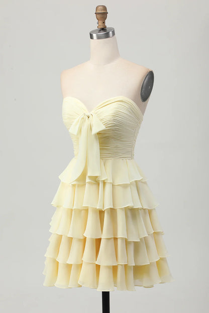 OKBBN elegant layered off shoulder pleated A-line short Homecoming Dresses