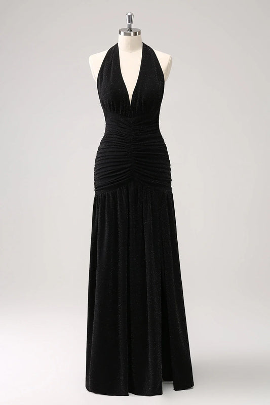 OKBBN elegant mermaid backless pleated long slit Bridesmaid Dresses