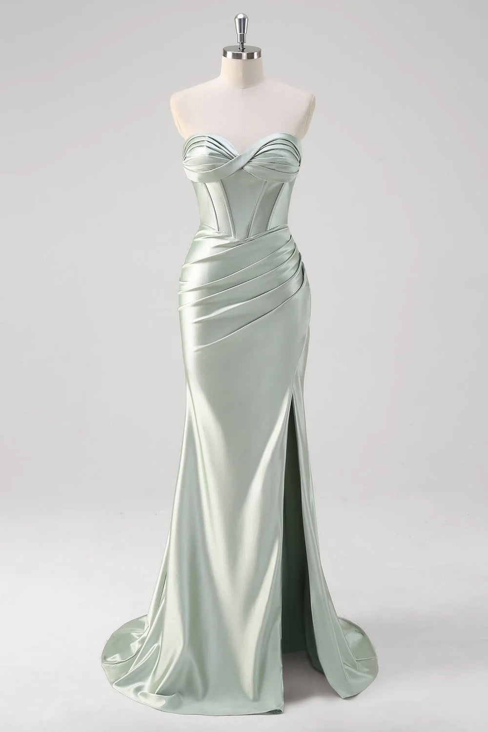 OKBBN elegant mermaid off shoulder pleated satin corset long slit Bridesmaid Dresses