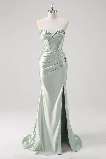 OKBBN elegant mermaid off shoulder pleated satin corset long slit Bridesmaid Dresses